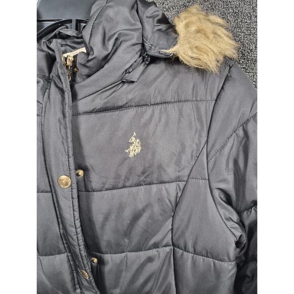 US Polo Assn Puffer Jacket Womens Medium Black Hood Faux Fur Long Zip Warm - Picture 4 of 12